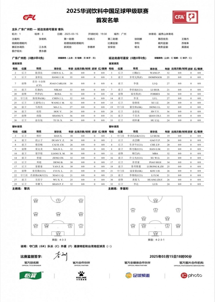 廣州豹vs延邊龍鼎首發(fā)：卡洛斯、羅薩、尼康三外援領(lǐng)銜廣州豹