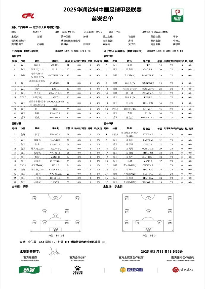 中甲-廣西平果vs遼寧鐵人首發(fā)：三外援對(duì)決三外援，安以恩出戰(zhàn)